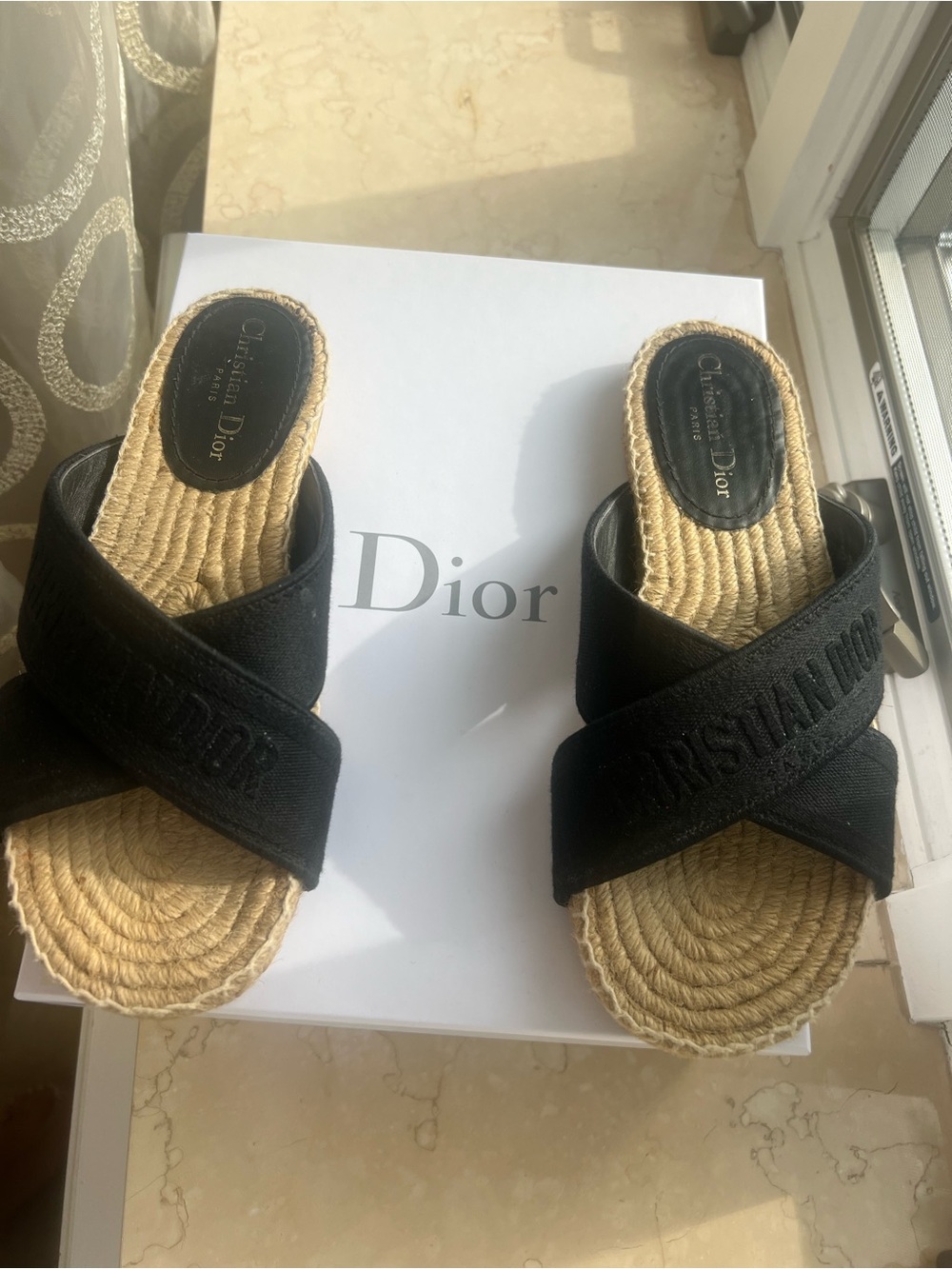 Dior Black Cross-Strap Espadrille Slides with Natural Rope Soles